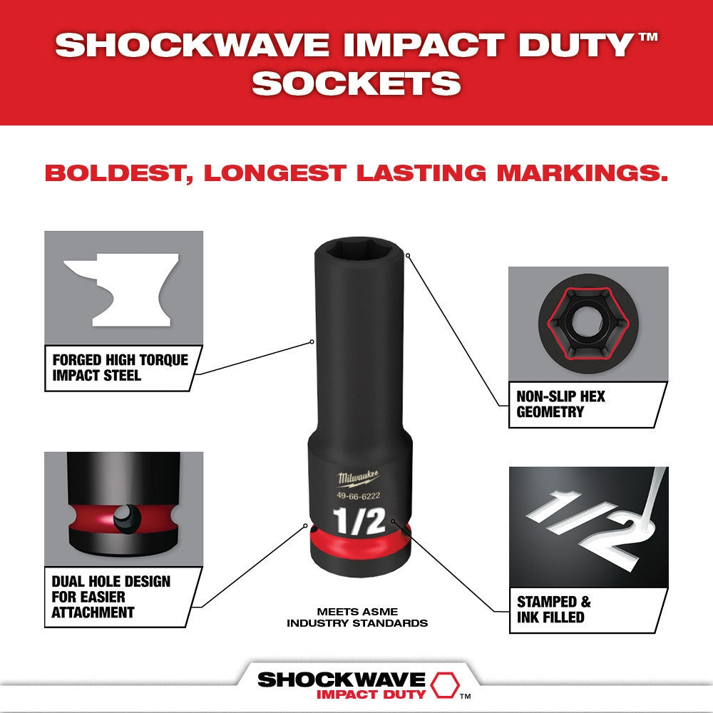 Milwaukee 49-66-7006 12-Piece SHOCKWAVE Impact Duty 3/8" Drive SAE Deep 6 Point Socket Set