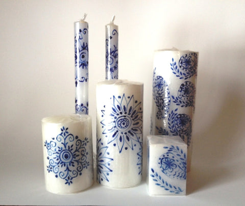 Henna Blue on White hand made candles, tapers, pillars and cubes. Fair trade products