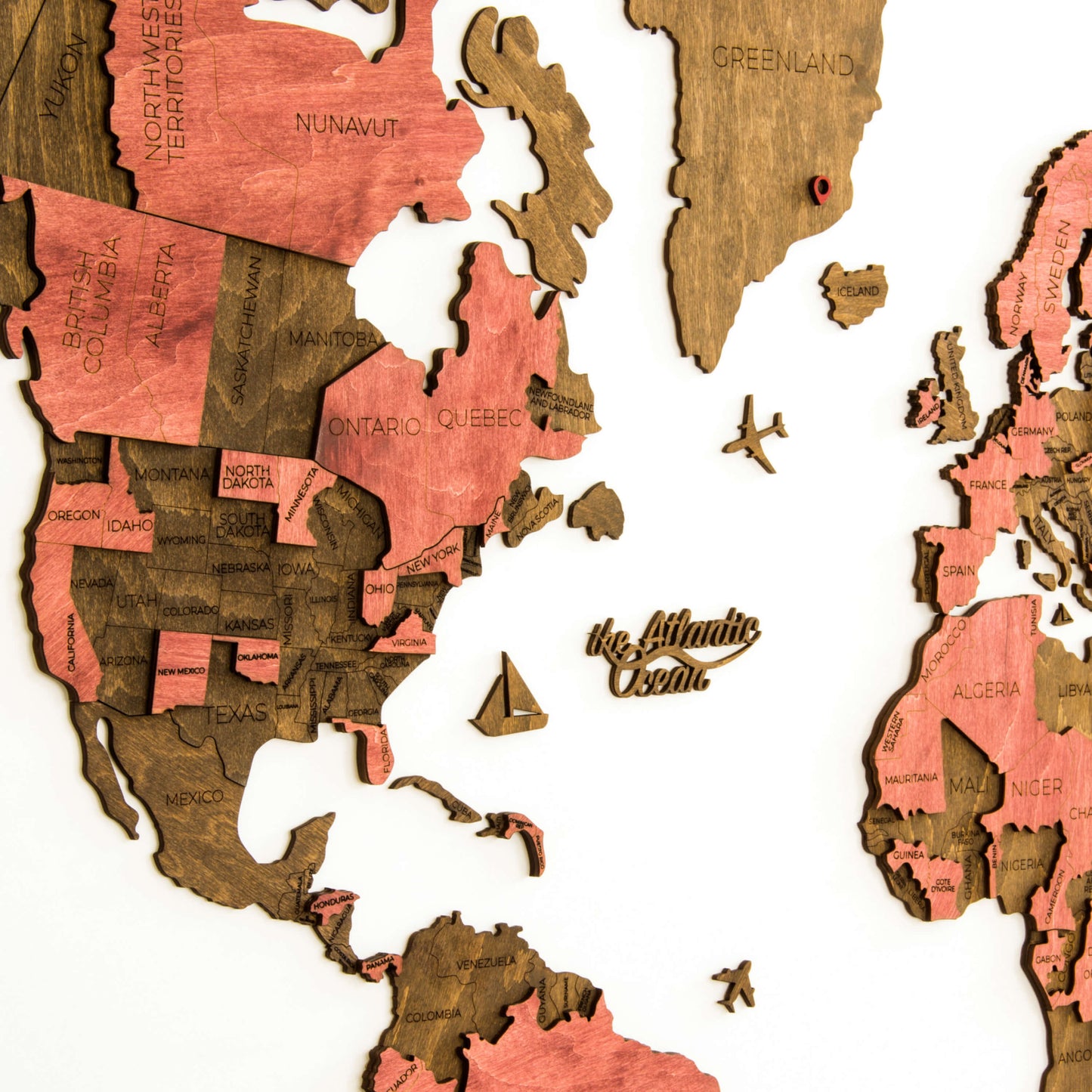 2.5D Wooden World Map Wall Decor 2 Layers | Red on Chestnut