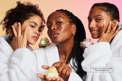 Three women applying products. Models are makeup-free and retouch-free.