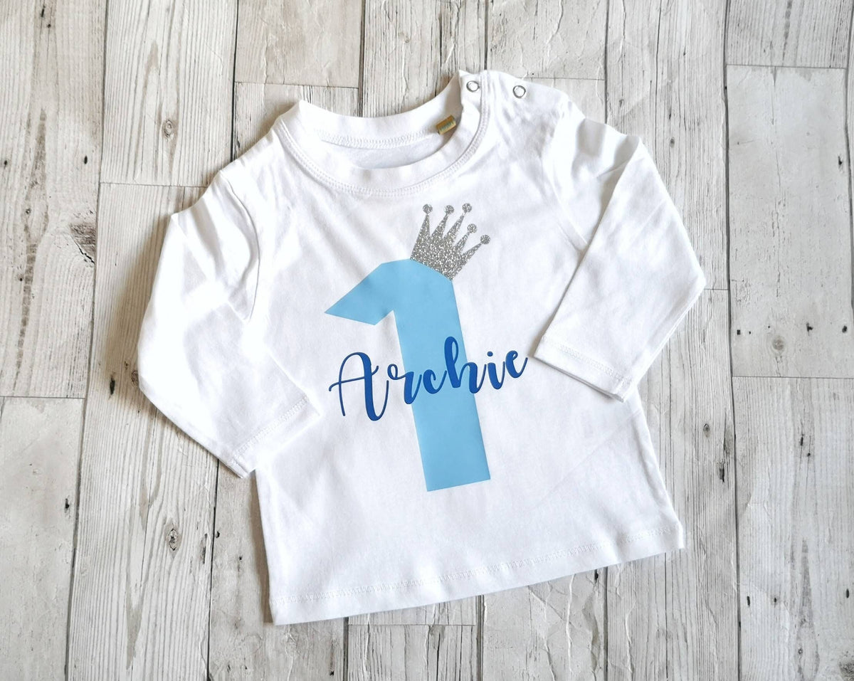 Personalised First Birthday T Shirt With Glitter Crown Contrast Long Sleeve Top One Today Tee Name Boys Blue Gift Number Text Colour Choice