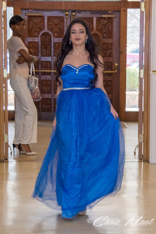  Model Ashley Berrios in Karlene Lindsay Designs Royal Blue Sweetheart Ballgown Prom Dress