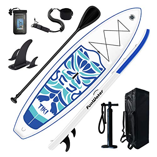 Pump,Backpack Leash Blue FunWater SUP Inflatable Paddle Board Stand Up Ultra-Light Inflatable Paddleboard with Inflatable SUP Accessories,Fins,Adjustable Paddle Waterproof Phone Bag 