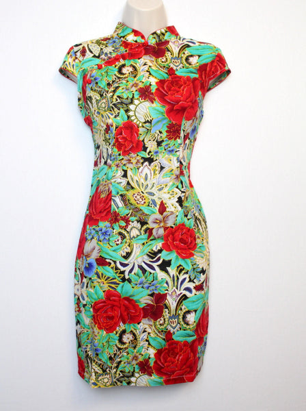 green and red floral dress