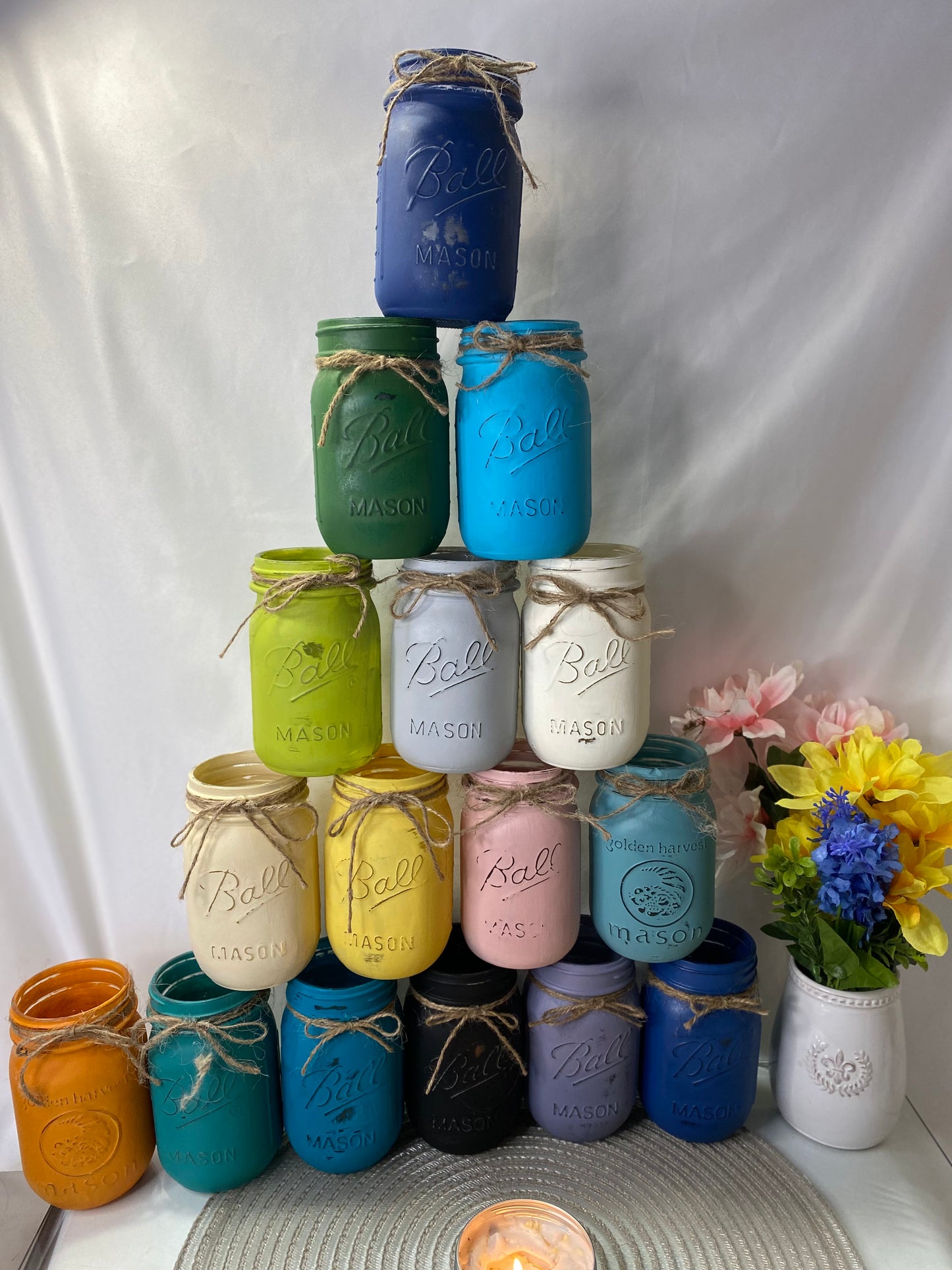 Mason Jar Decor -Chalk Paint Jars- Rustic Jar- Farmhouse Centerpiece -Shabby Chic Decor