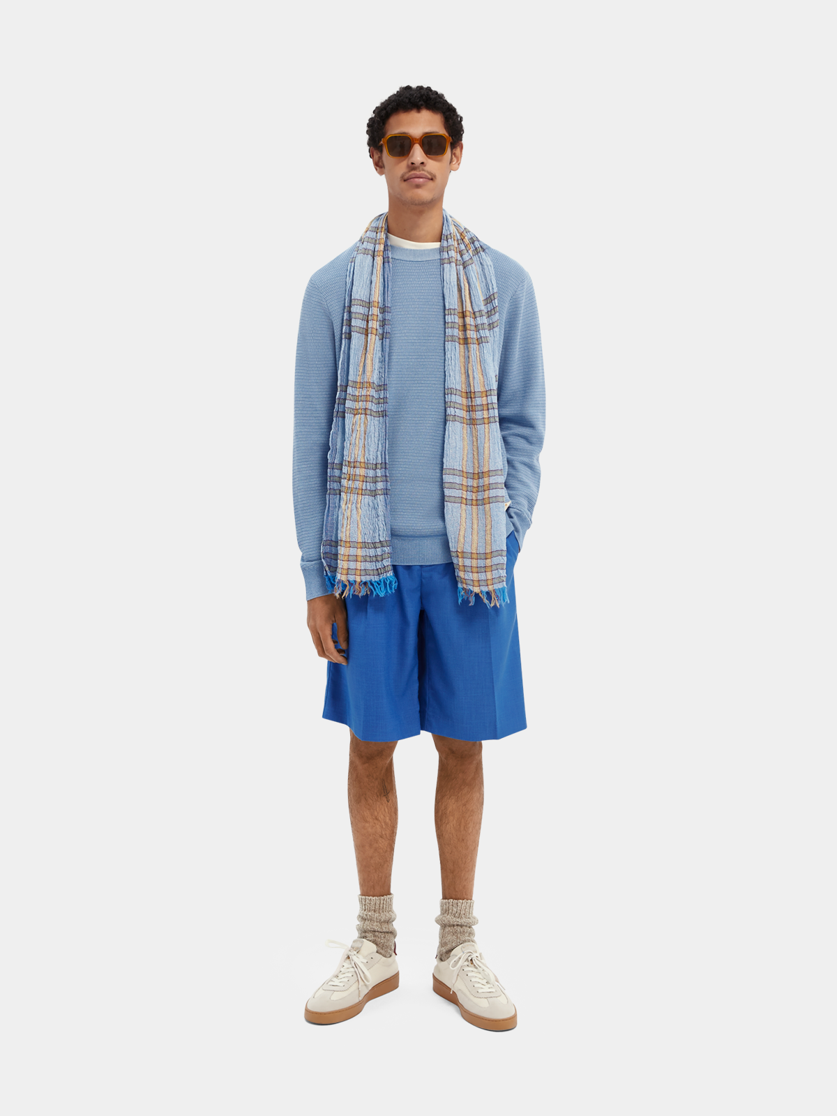 Lightweight checked cotton-wool blend scarf