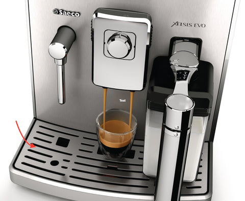 Espresso machine with close up of drip tray