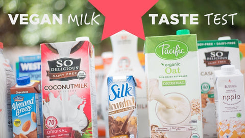 various brand and types of milk, soy, almond, cocunut, rice milk and more