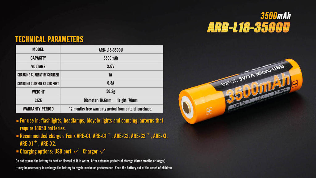 Fenix 18650 3500mAh USB Rechargeable Battery, Fenix ARB-L18U, Buy USB Rechargeable battery online in India