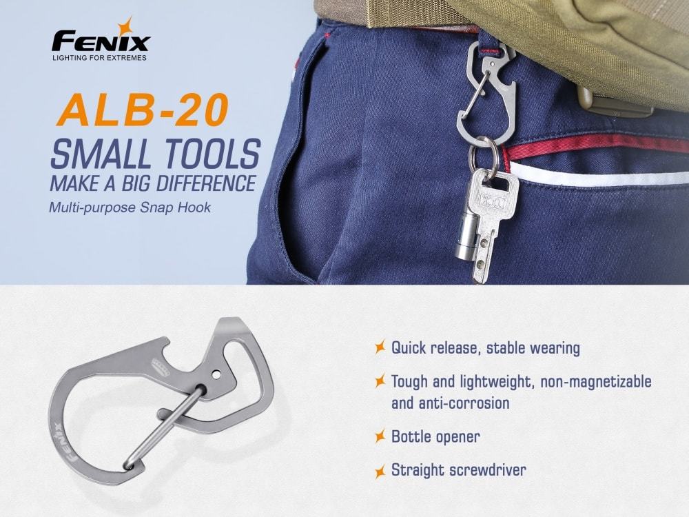 Fenix ALB-20 Multi-Purpose Snap Hook, Fenix Key Chain, Hanging Hook, Bottle Opener, Flathead Screwdriver, Fenix Multi purpose Tool ultra-compact, lightweight yet reliable