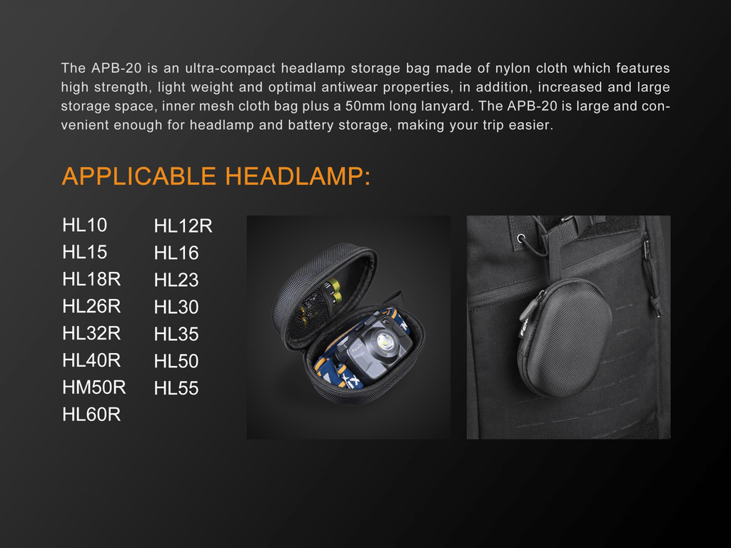 Fenix APB-20 Headlamp Bag / Pouch for Storage or Outdoor Travels, Headlamp storage bag, Compact Tough Pouch