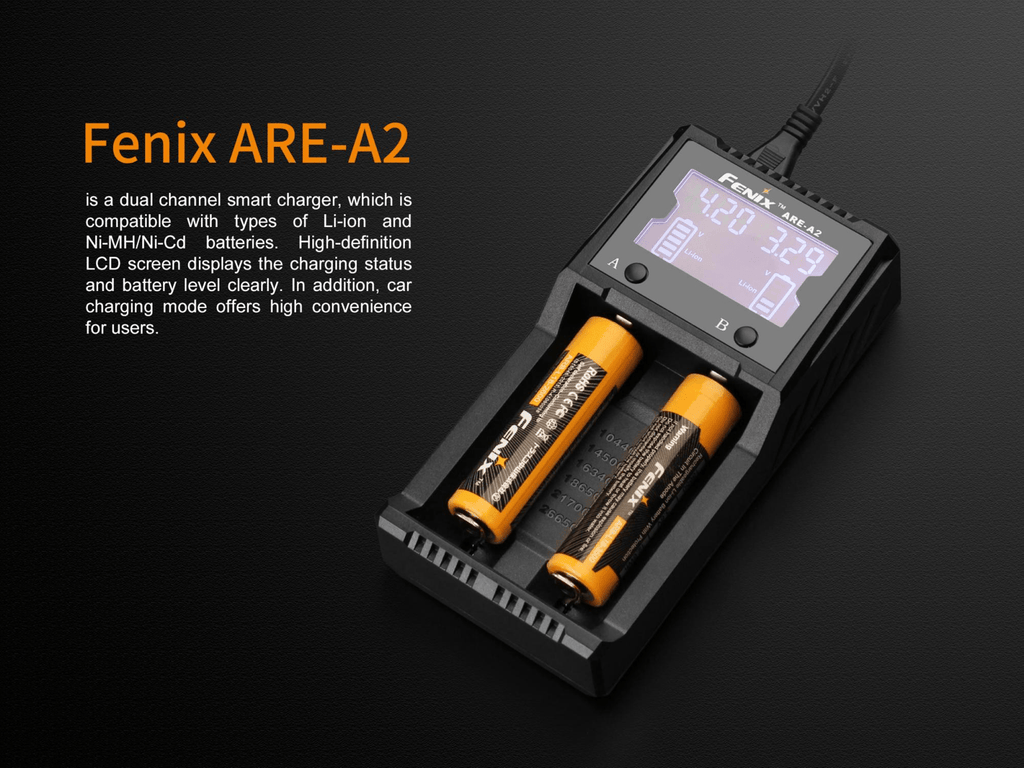 Fenix ARE A2, Two Slot Smart Charger, Rechargeable battery charger, Compatible charger to 18650, 16340, 14500 and other rechargeable AA, AAA and Lithium Ion Batteries, Charging and discharging Charger, Compact and Powerful protected Charger with LCD Screen Display