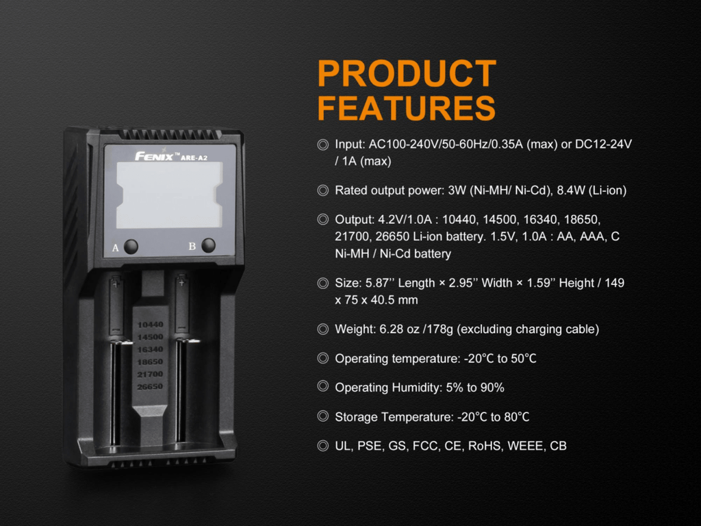 Fenix ARE A2, Two Slot Smart Charger, Rechargeable battery charger, Compatible charger to 18650, 16340, 14500 and other rechargeable AA, AAA and Lithium Ion Batteries, Charging and discharging Charger, Compact and Powerful protected Charger with LCD Screen Display