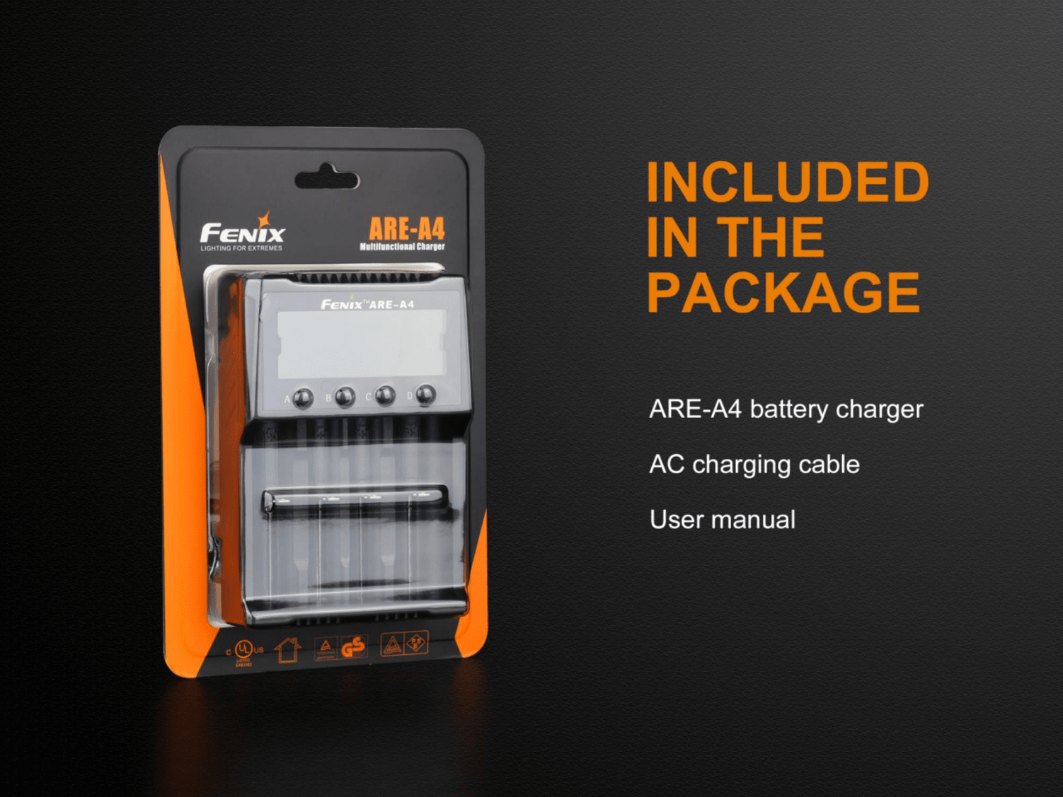 Fenix ARE A4, Four Slot Multifunctional Rechargeable Battery Charger, Compatible to Lithium Ion Batteries and Rechargeable Ni-MH and Ni-Cd AA, AAA, and C batteries, Charging and Discharging as power bank charger, Powerful 4 Battery Charger, Smart charger with LCD Screen Display