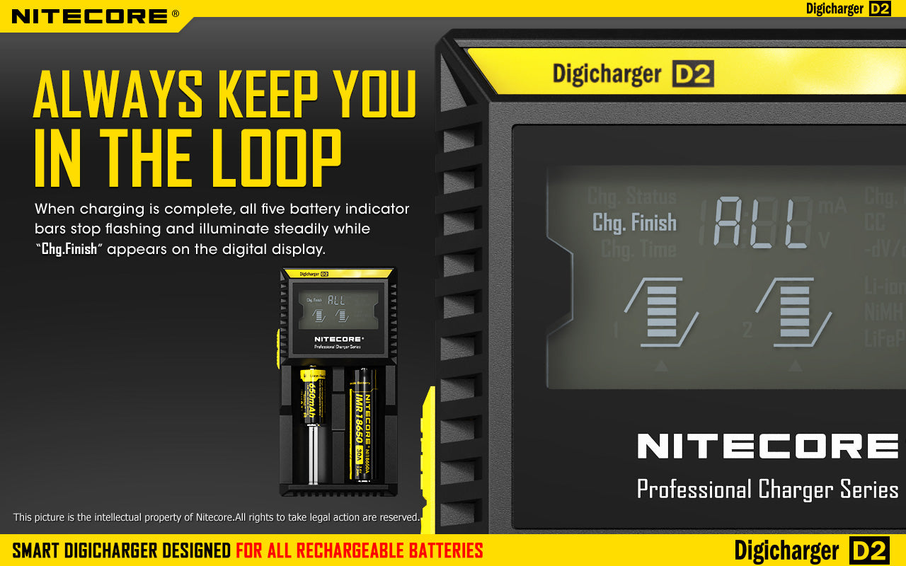 Nitecore D2 Charger, 18650 Battery Charger, Rechargeable battery charger, Digi Charger with display, 2 slot battery charger