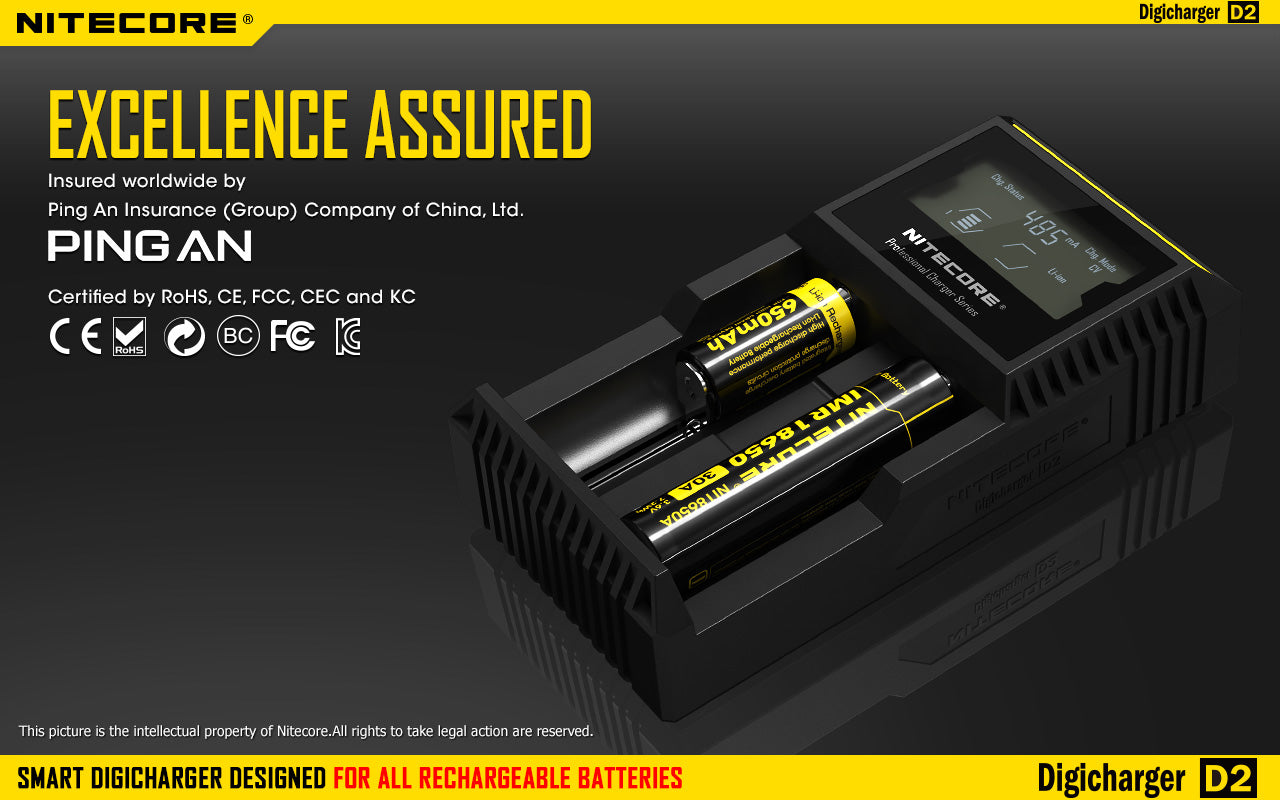 Nitecore D2 Charger, 18650 Battery Charger, Rechargeable battery charger, Digi Charger with display, 2 slot battery charger