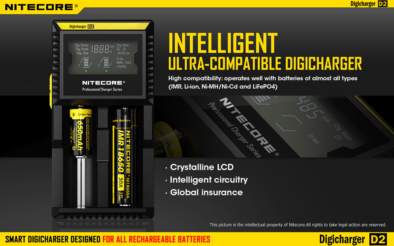 Nitecore D2 Charger, 18650 Battery Charger, Rechargeable battery charger, Digi Charger with display, 2 slot battery charger