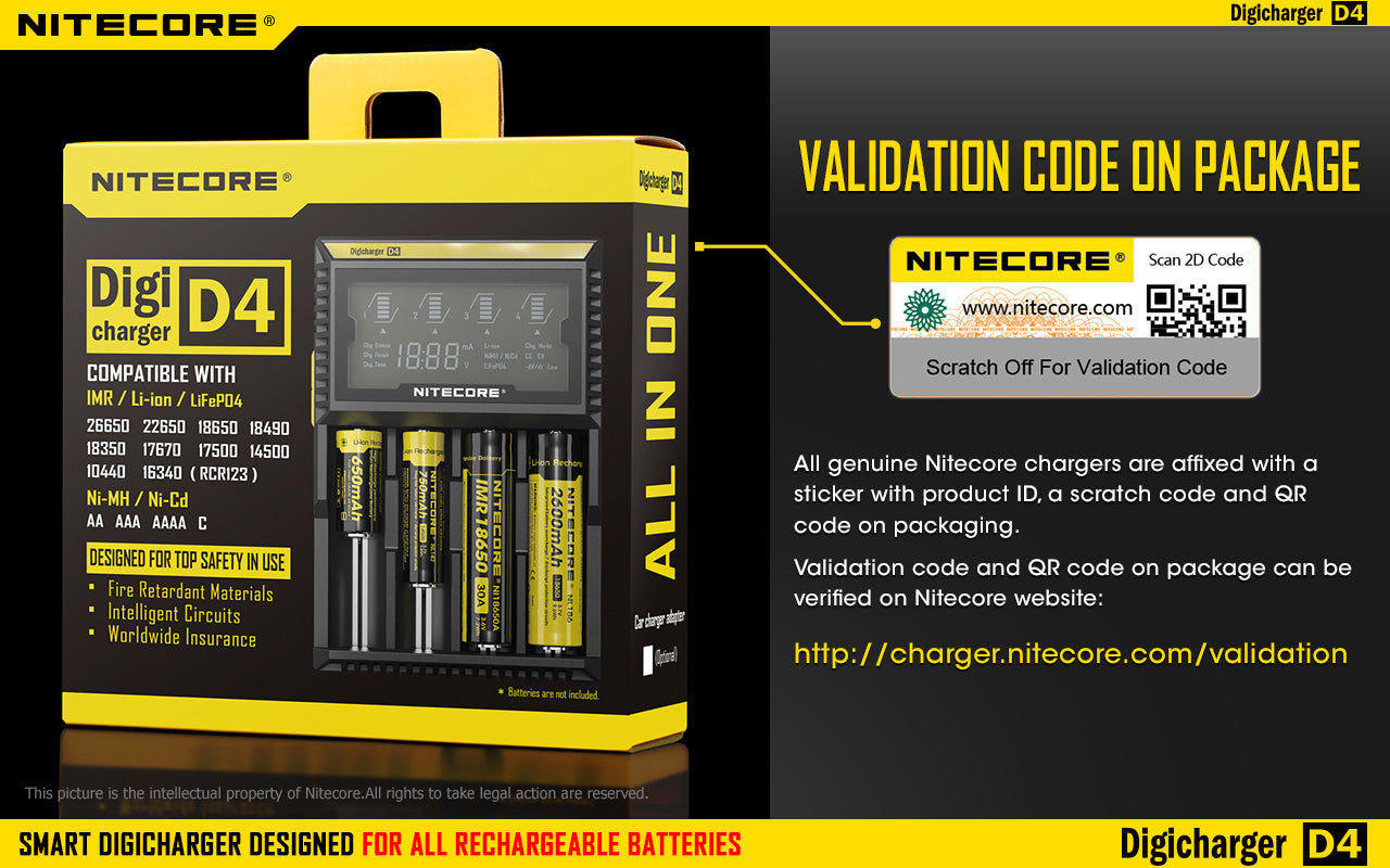 Nitecore D4 Charger, Rechargeable Battery charger, 4 slot battery charger, Lithium ion rechargeable battery charger with display