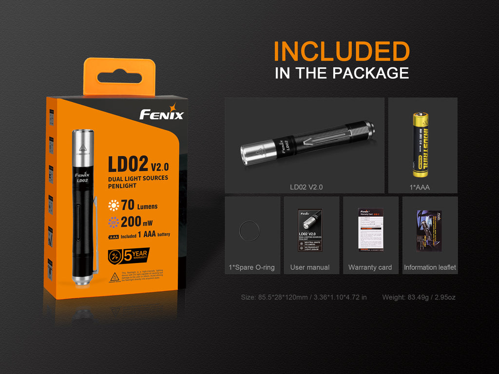 Fenix LD02 V.0 2018, Fenix LD02 Upgraded model, Pen LED Light, Compact Light weight LED Light, Pocket Pen Size light, Warm White and UV Light LED