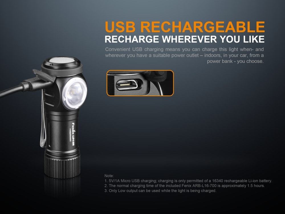 Fenix LD15R, Rechargeable LED Flashlight, Right-Angled LED Torch, USB Rechargeable, Compact everyday carry Flashlight