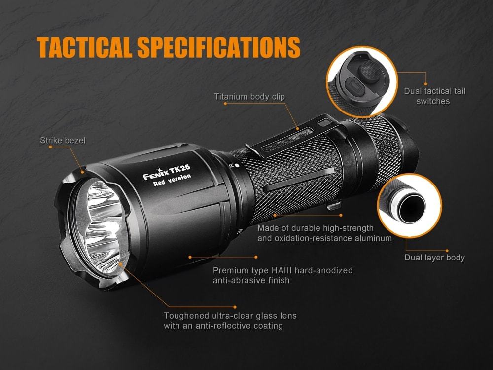 Fenix TK25 Red LED Flashlight | 1000 Lumen | Dual Color Tactical Light | Outdoor Powerful Flashlight | Red LED Light Torch | Compact and Powerful Flashlight