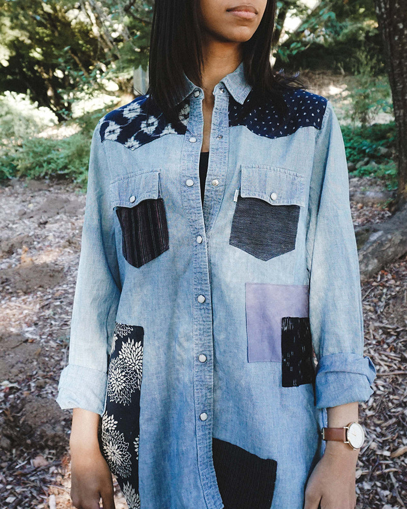 Vintage Patchwork Button-Up Shirt, Kiku, Kasuri & Shima