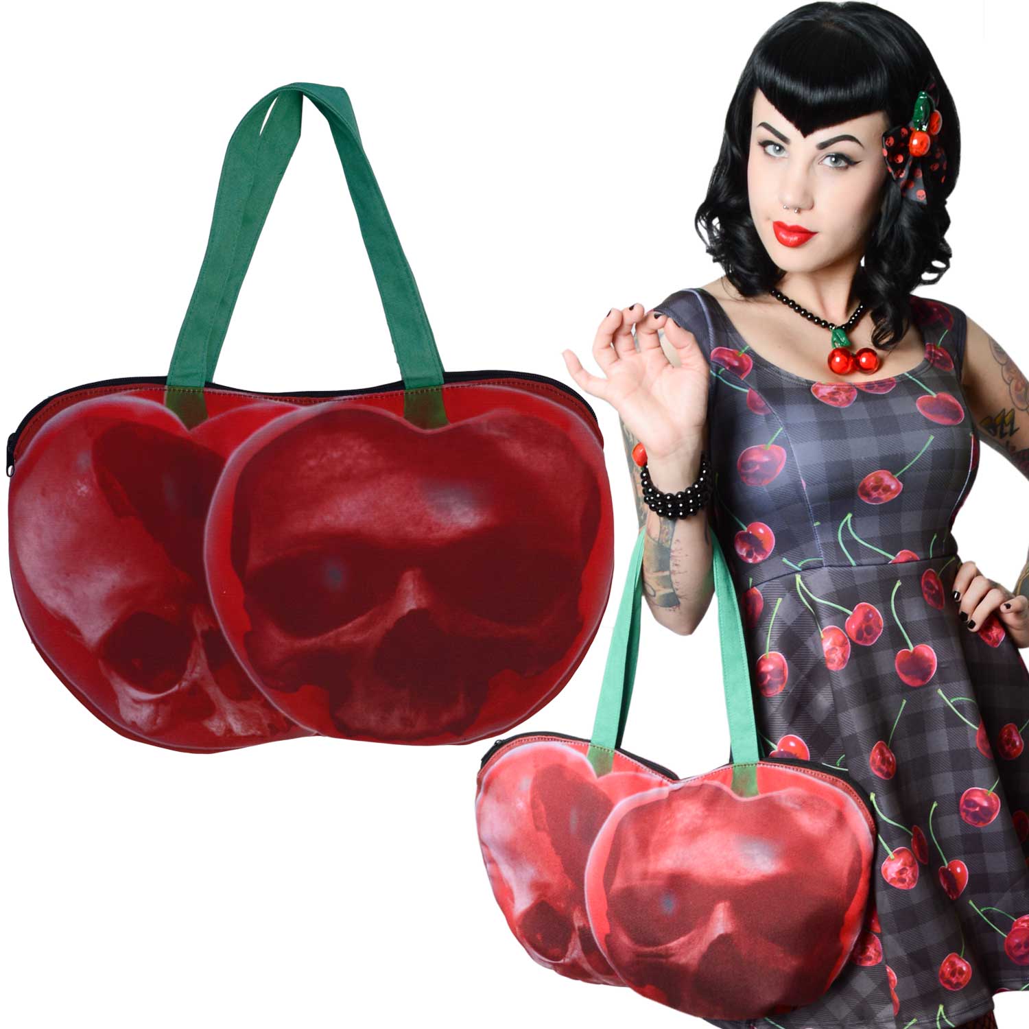 Cherry Skull Shoulder Zip Tote Bag