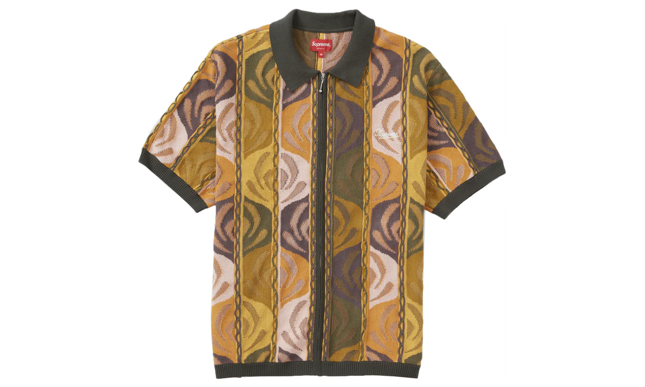 Supreme Abstract Textured Zip Up Polo Dark Olive