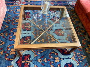 木质方形咖啡桌玻璃插件，X 底座