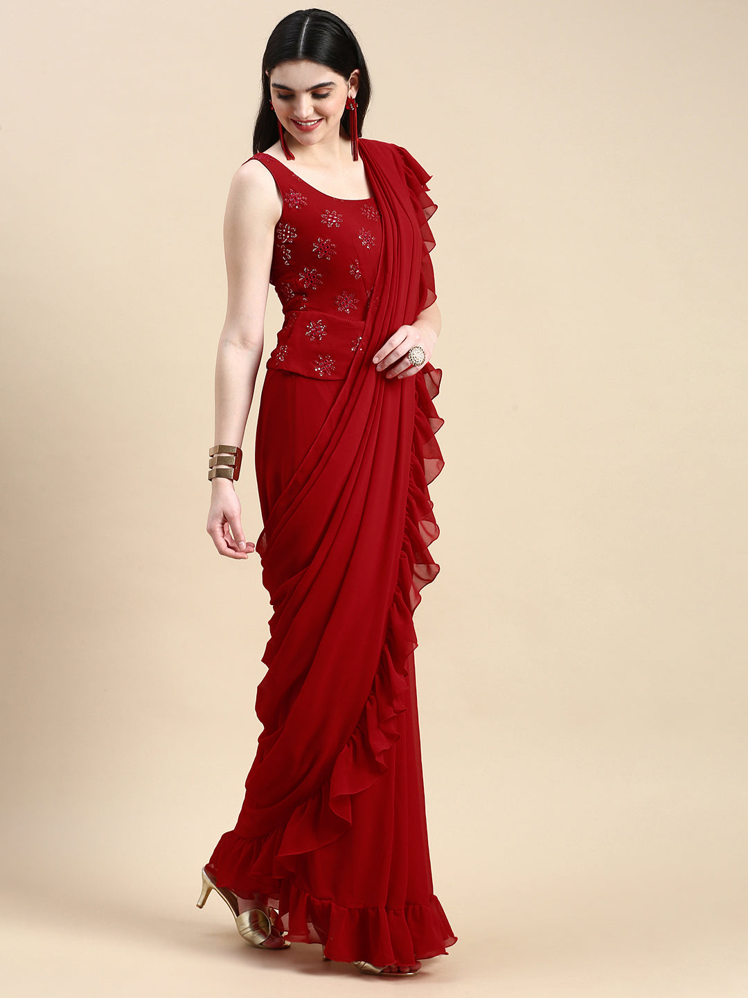 Red Georgette Embroidered Saree Gown - ZERESOUQ.COM