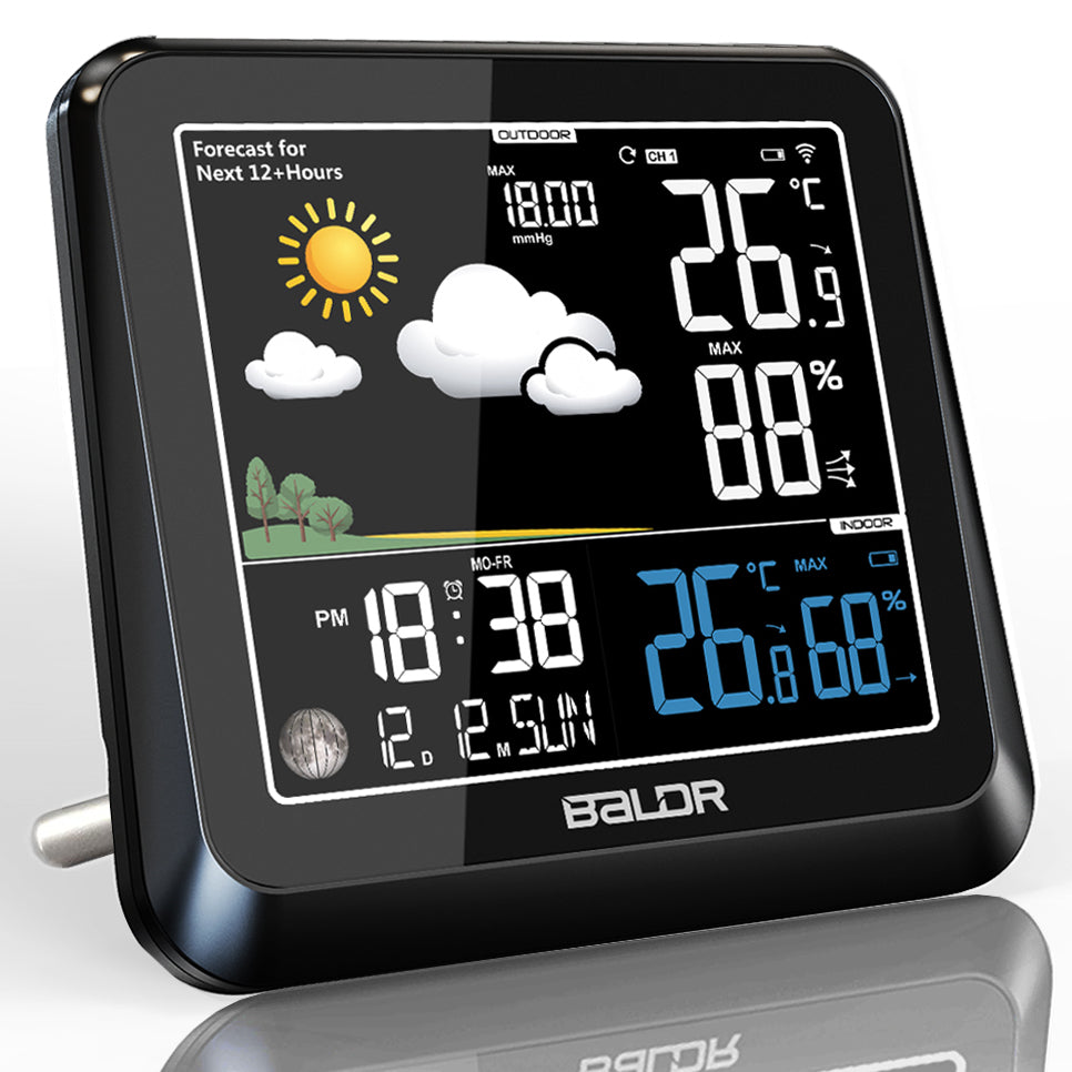 Digitale Wecker Wetterstation Funk Farbdisplay Thermometer Innen-Außensensor Uhr 