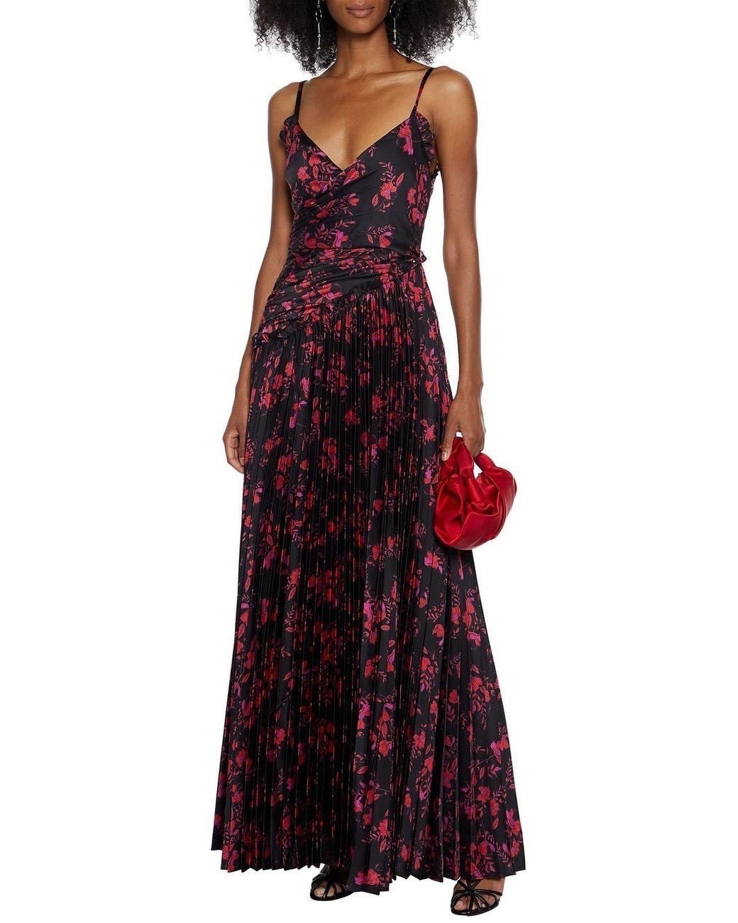 Monique Lhuillier Wrap-effect pleated floral-print satin maxi dress