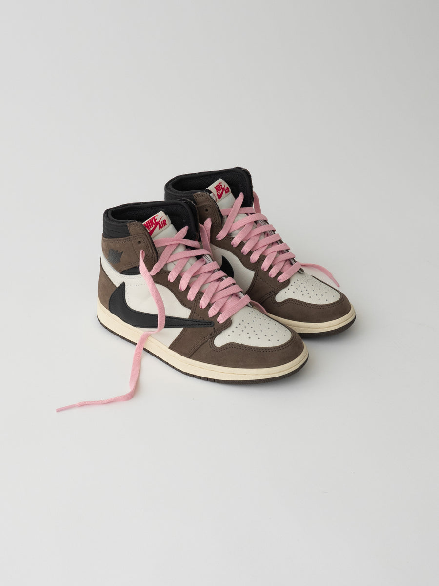 brown air jordan 1 with pink laces