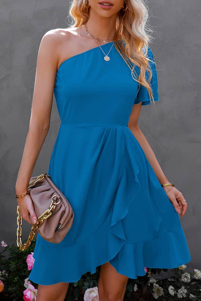 ICC-SN222LQ50268SN18 Solid Color One Shoulder Ruffles Dress