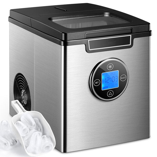 AICOOK | Ice Maker Countertop, 28 lbs. in 24 Hrs, 3 Ice Sizes, 9 Cubes Ready in 6 Minutes, 2.4L Self Cleaning Function, Stainless Steel Quiet Ice Maker Machine with Timer and LED Display, Scoop and Basket