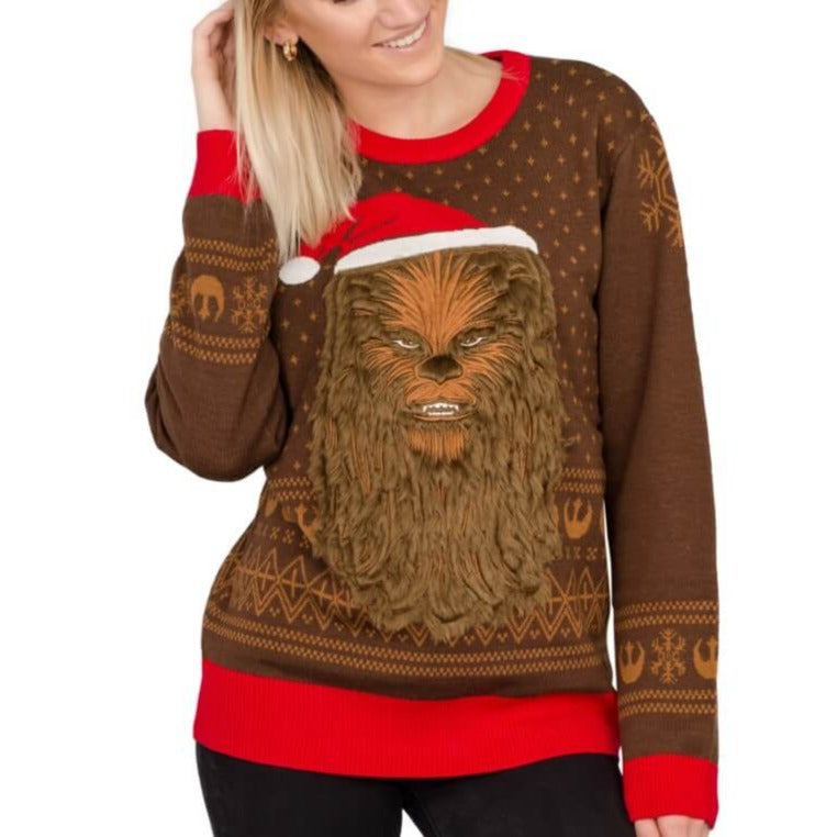 Women's Star Wars Chewbacca Furry Face with Santa Hat Ugly Sweater