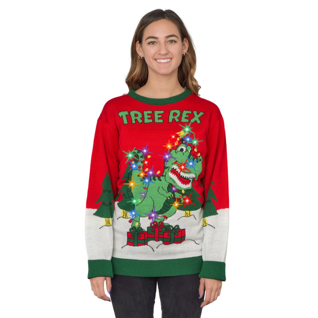 Women's Tree Rex Light Up T-Rex Ugly Christmas Sweater
