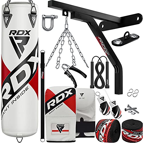 Kickboxing MMA Grappling Muay Thai Karate BJJ 15pc Filled 5ft 4ft Heavy Duty set Maya Hide Leather Wall Bracket Punching Gloves Steel Chain RDX Punching Bag Boxing Training Adult Home Gym Fitness 
