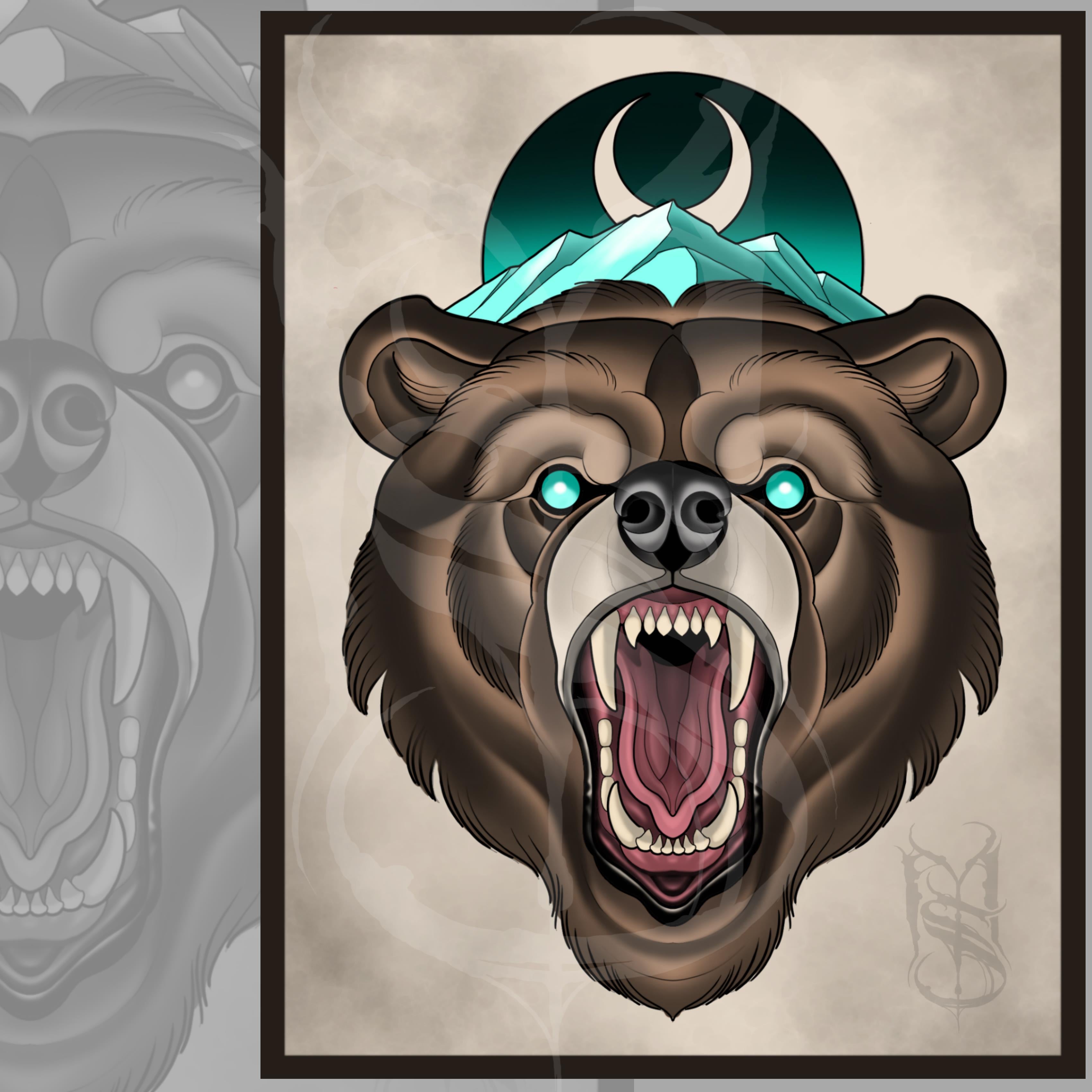 Grizzly Bear Neotraditional Tattoo Style Art Print 
