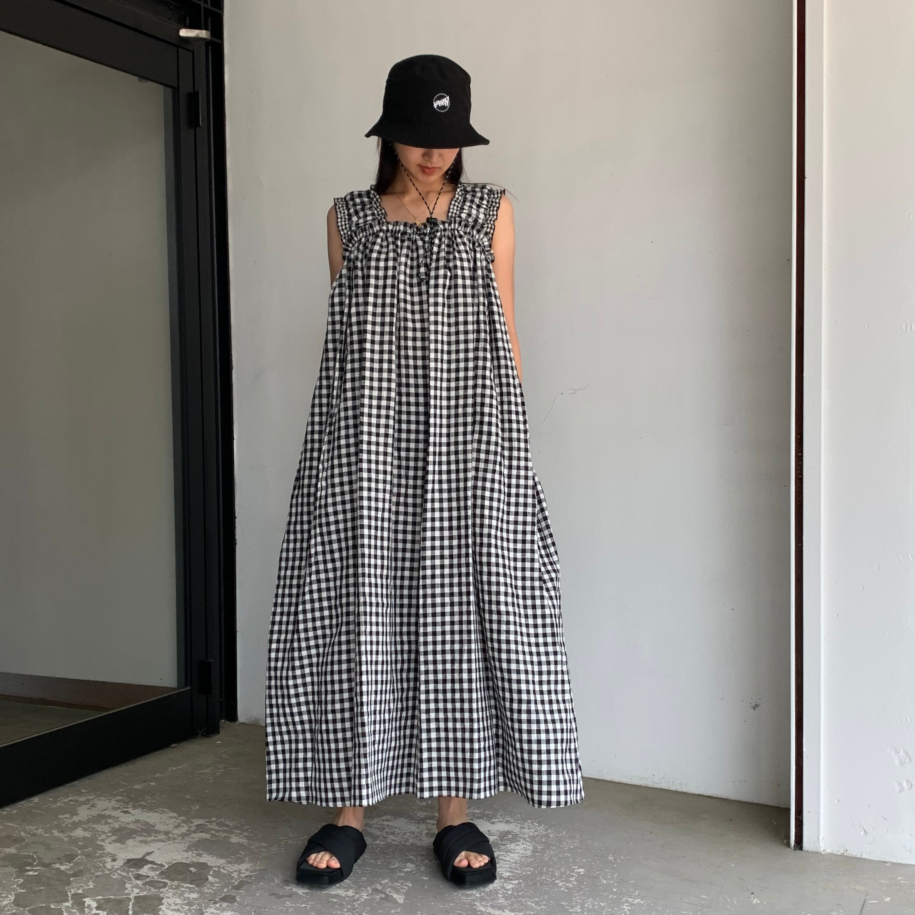 【HOLIDAY】GINGHAM CHECK LINEN NIGHT DRESS