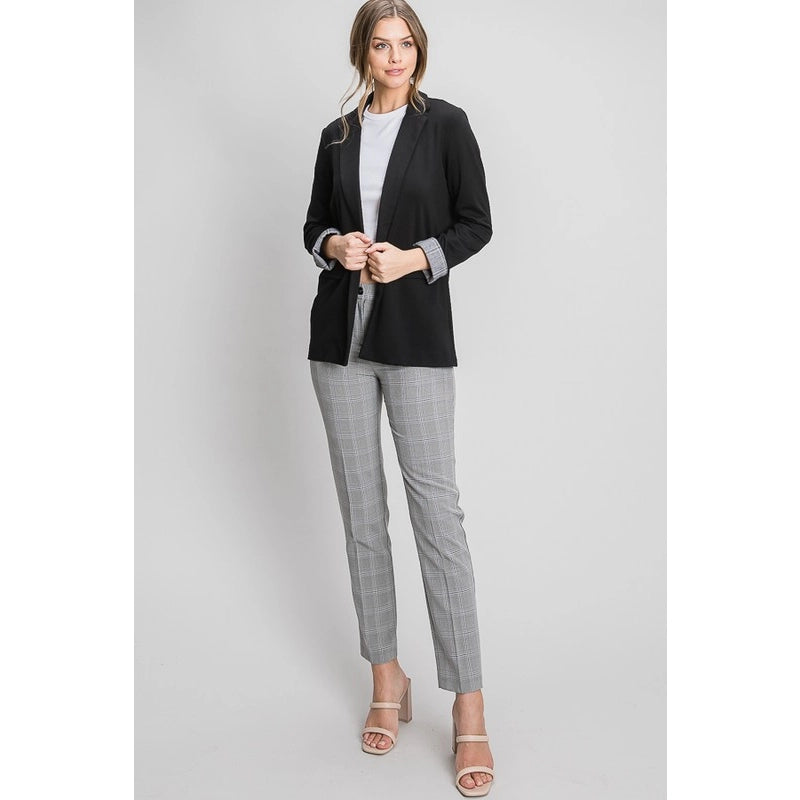 Plaid Cuff Long Blazer Jacket- Black