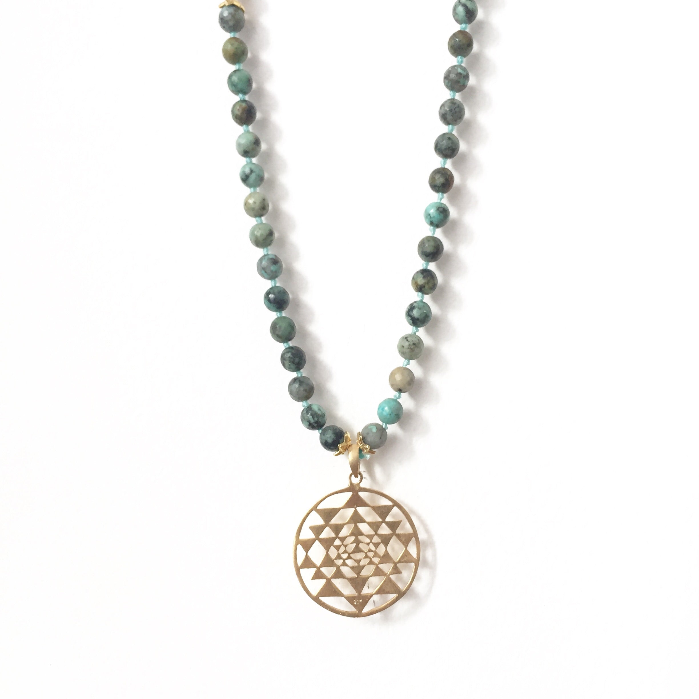 Mala: Gold plated Sri yantra + African turquoise