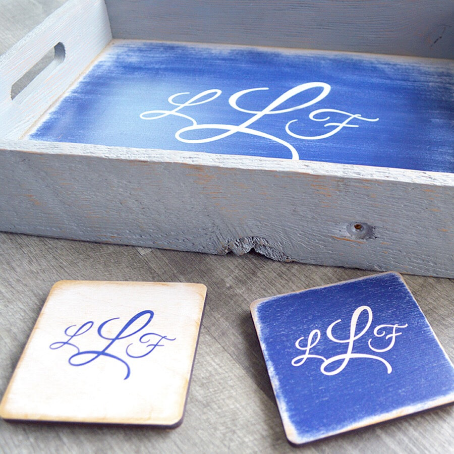 Custom Wedding Gift - Reclaimed Wood Serving Tray & Wooden Coaster Set