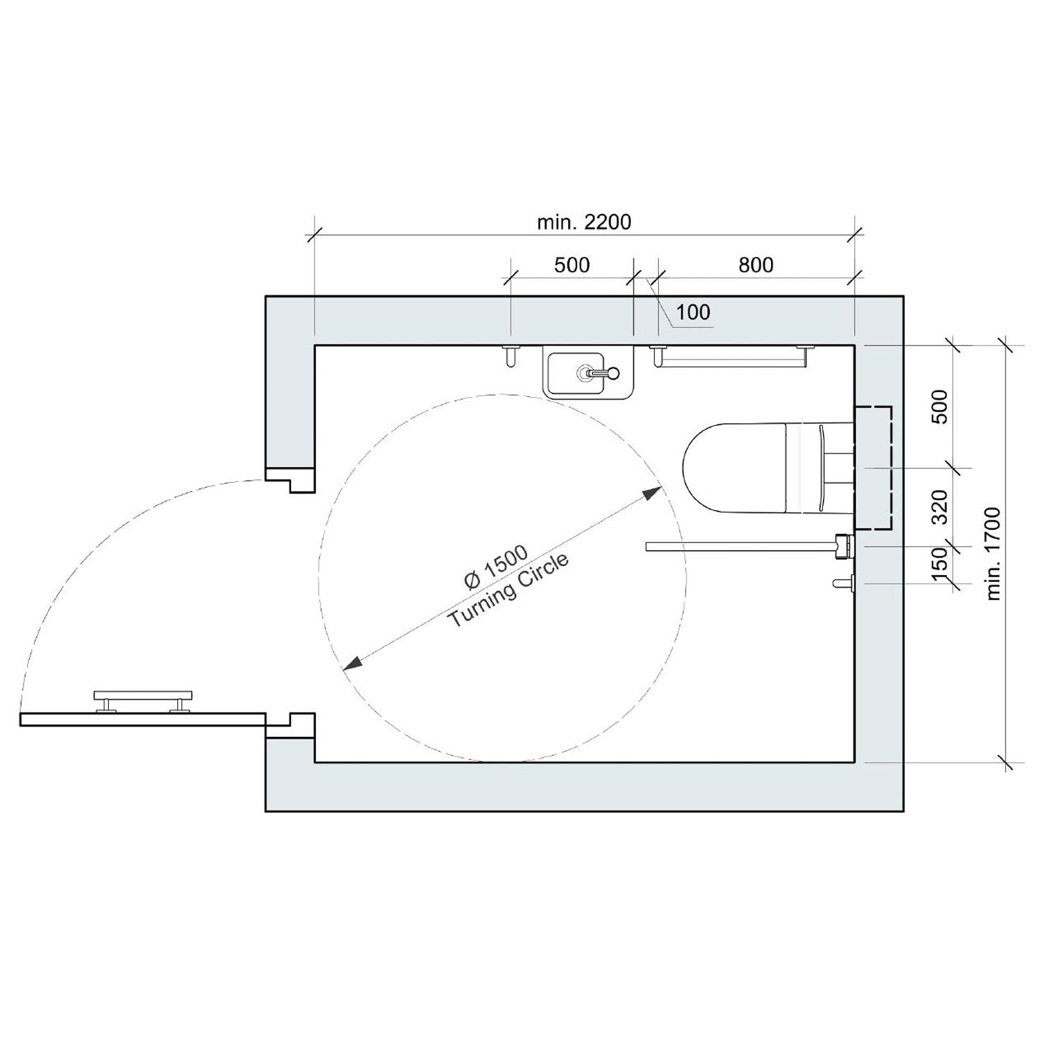 Doc M WC pack consisting of a wall hung toilet, basin, emergency call buttons, matt black grab rails, taps, robe hooks technical drawing