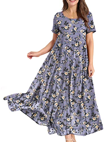 YESNO Women Casual Loose Bohemian Floral Dress with Pockets Short Slee