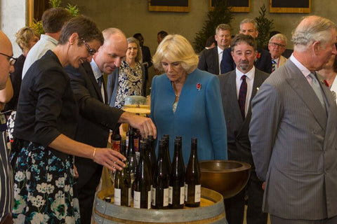 Prince Charles and Camilla, Duchess of Cambridge chatting to Daniel and Ursula Schwarzenbach of Blackenbrook Vineyard