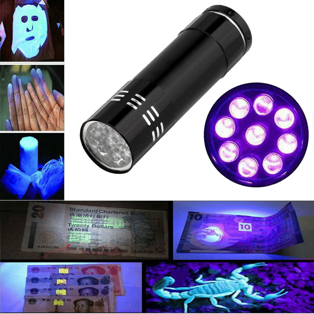 UV Flashlight 9 LED Light Lamp Ultraviolet Mini Tactical Torch for Camping 