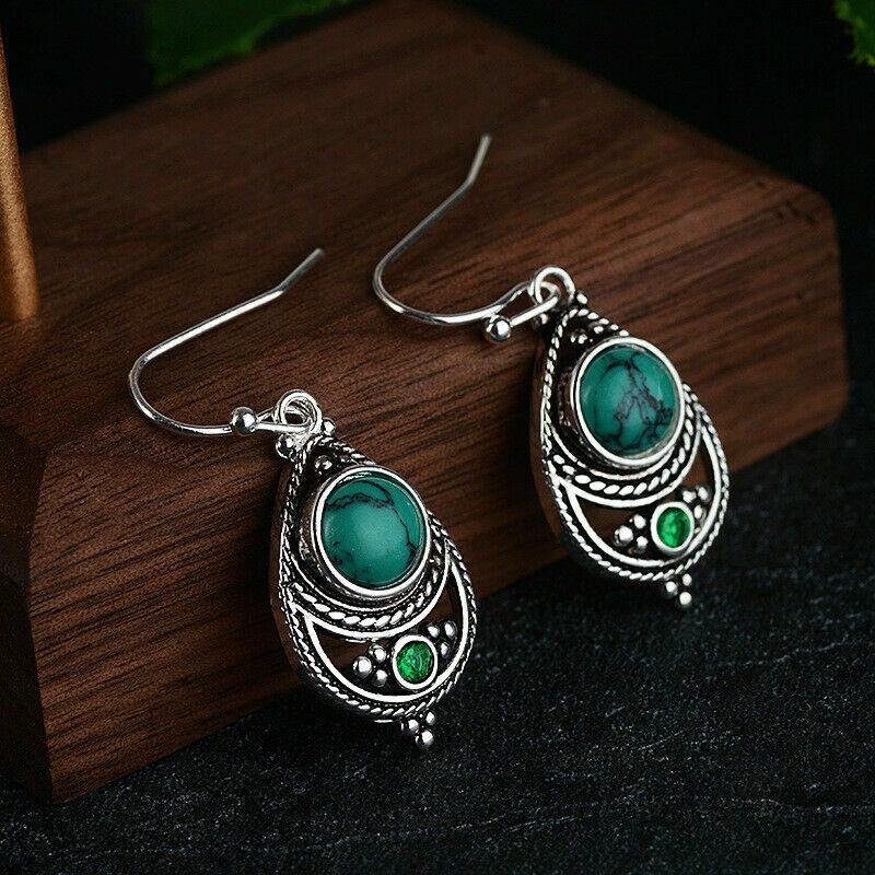 Vintage Boho Artificial Turquoise 925 Silver plated Women  Drop Earrings 1pair