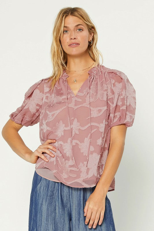 Floral Jacquard Puff Sleeve Blouse