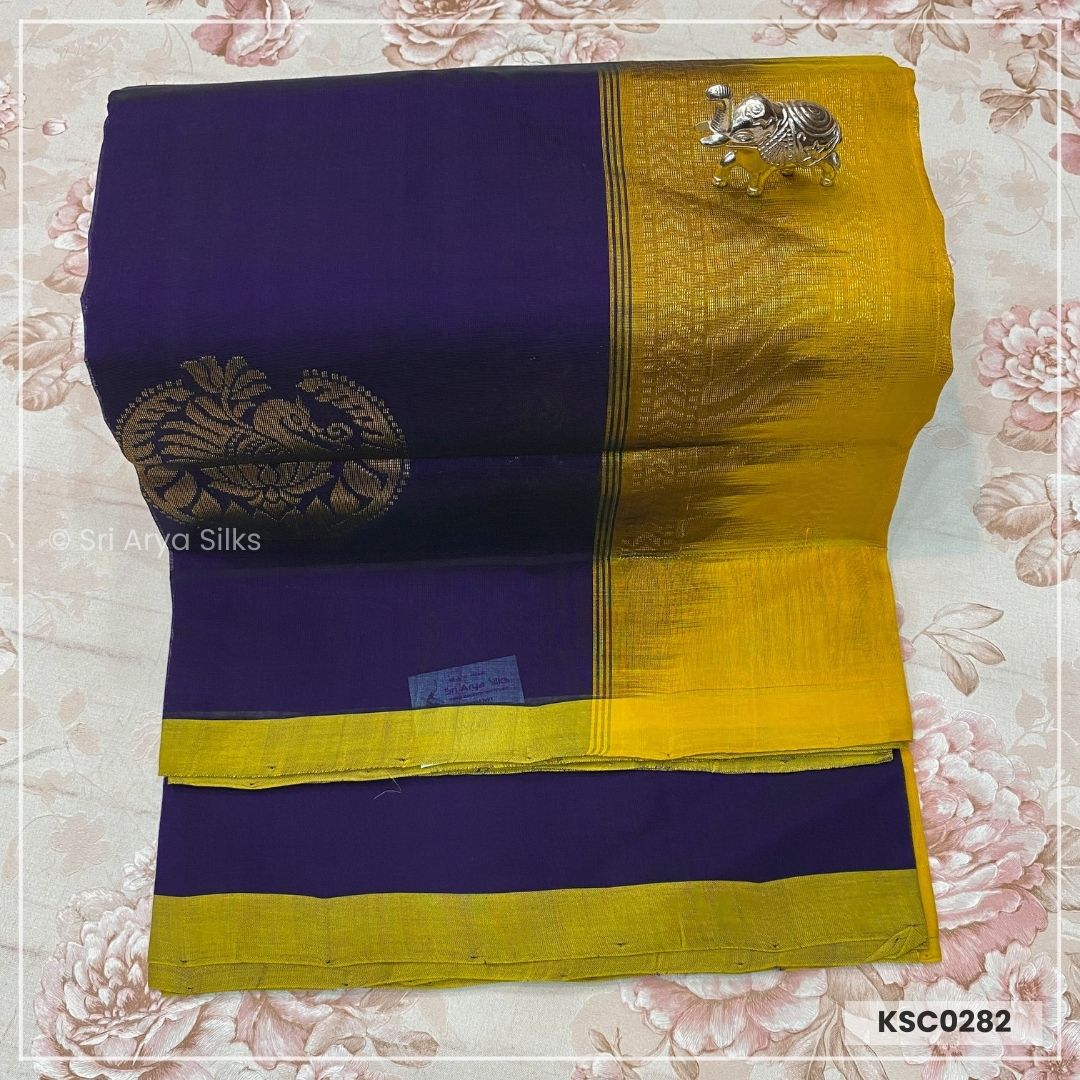Navy Blue & Yellow Kanchipuram Silk Cotton Saree
